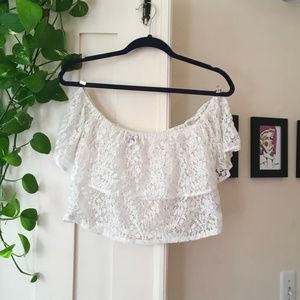 White Lace Off-The-Shoulder Bardot Crop Top